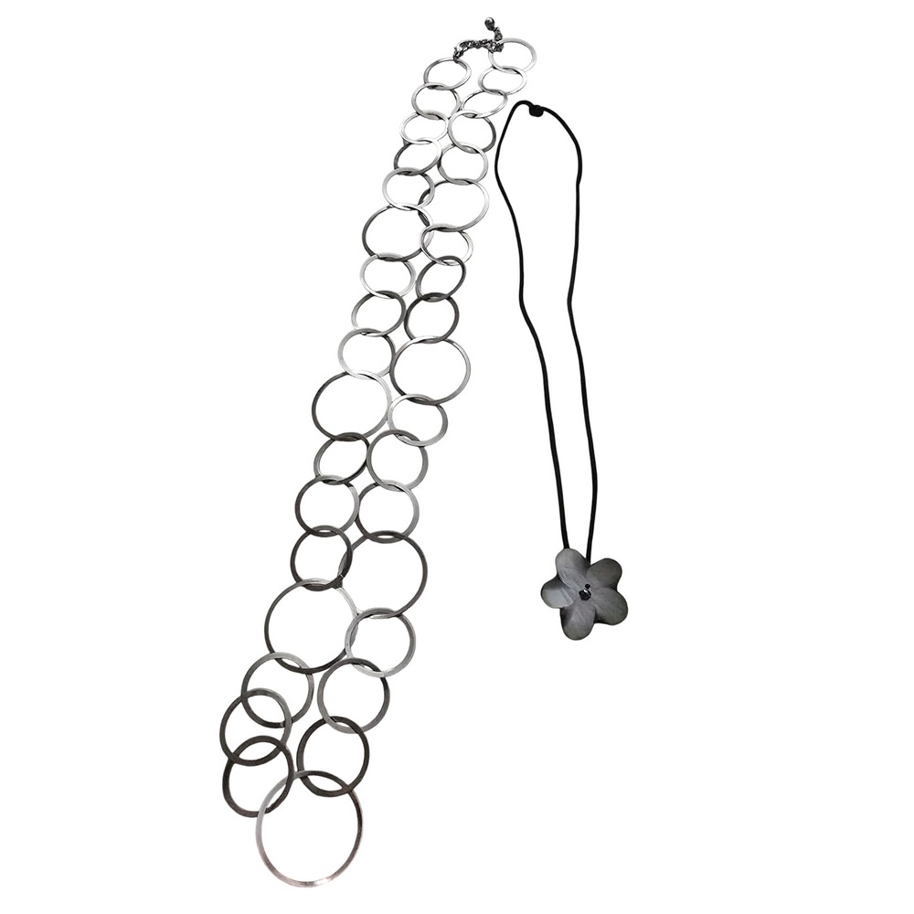 Y2K Preppy Silver‎ Circle Link Chain & Black Shell Flower Necklace Set